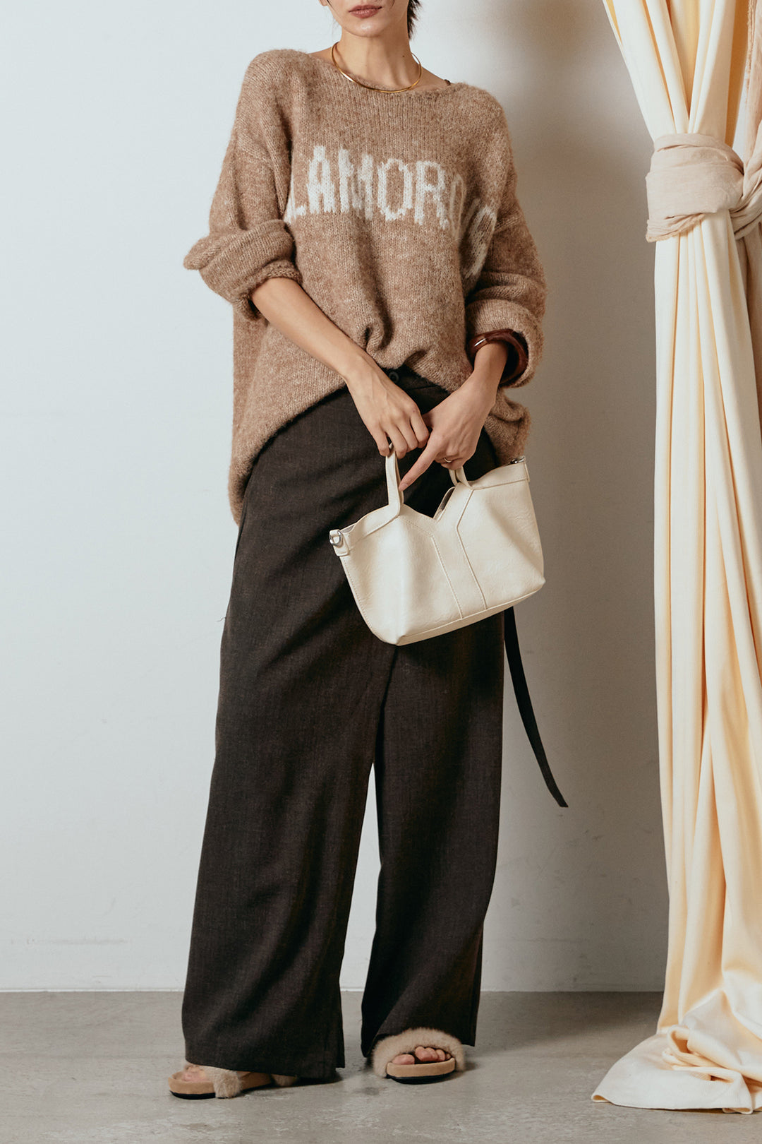 [SET]フロントロゴデザインニットトップス+ラップ巻きワイドスラックス(2set)