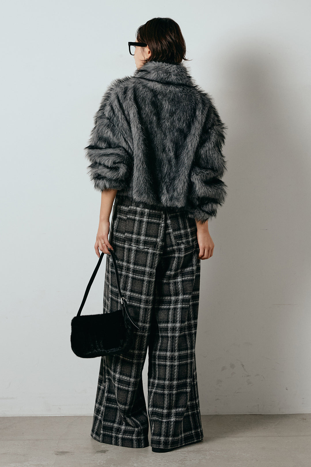 [SET]エコファーショート丈ブルゾン+ルーズタータンチェックワイドパンツ(2set)