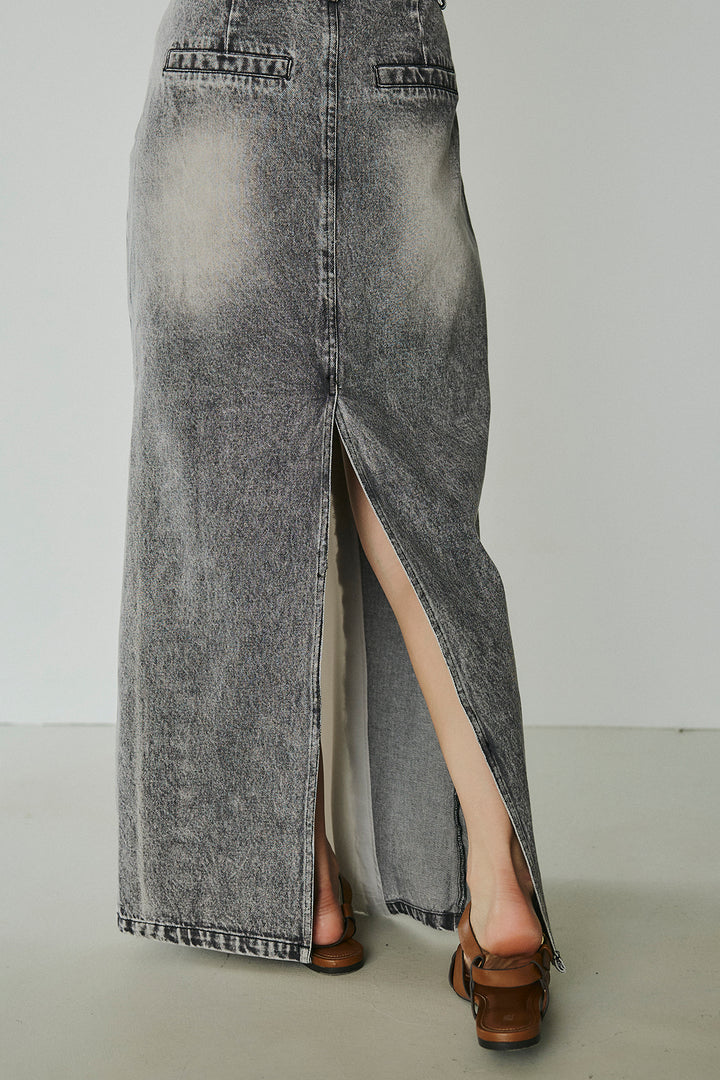 [SET]シアージャガードハーフスリーブテーラードジャケット+サテン切り替えデニムスカート(2set)