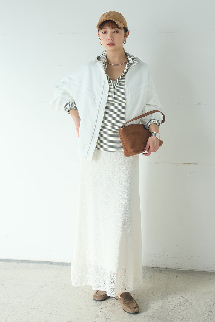 [SET]マルチ切り替えドルマンブルゾン+メッシュ刺繍ロングスカート+ボーダーフーディーロンT(3set)