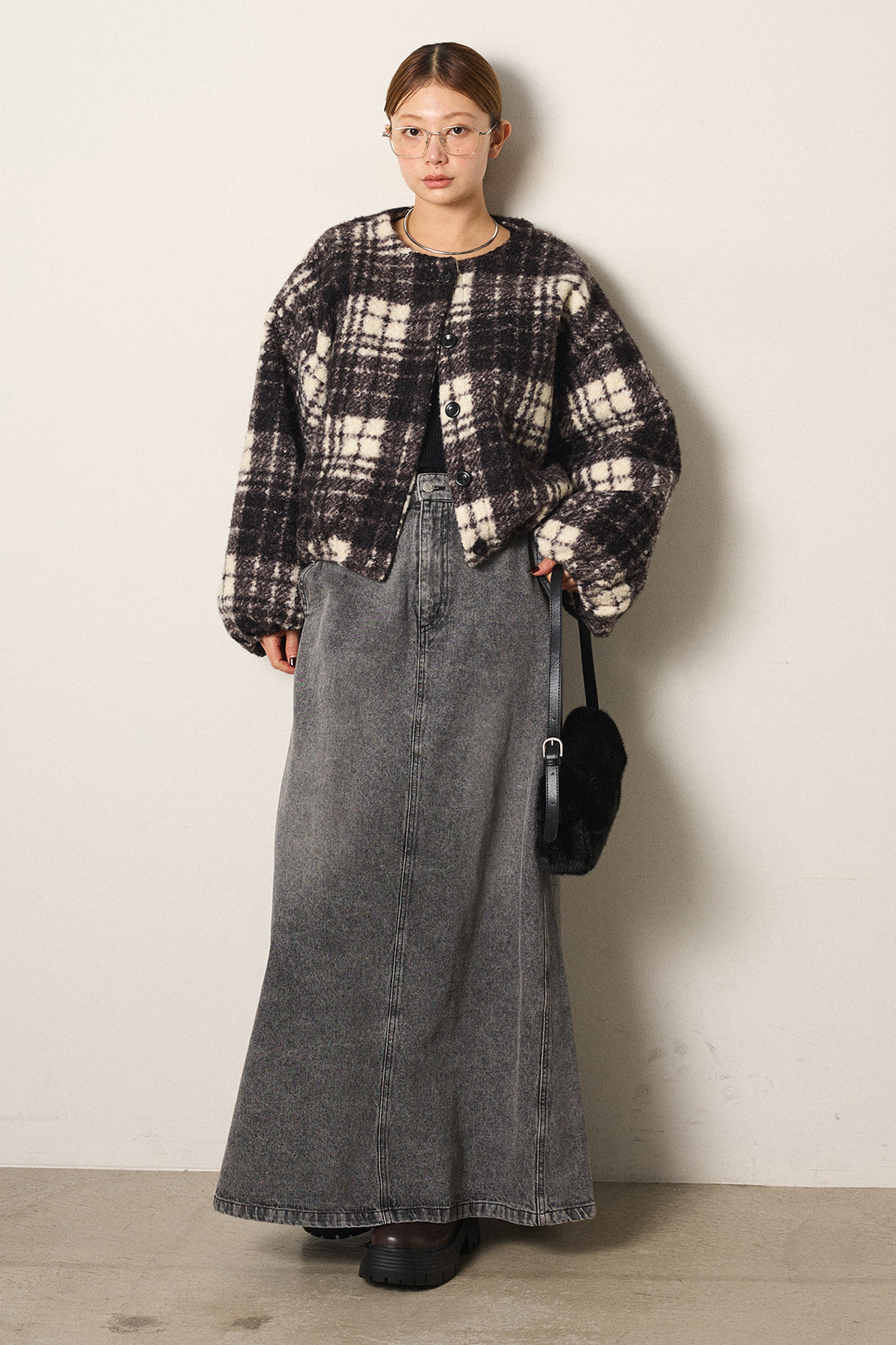 [SET]ノーカラーチェック柄ボアブルゾン+デニムロングフレアスカート(2set)