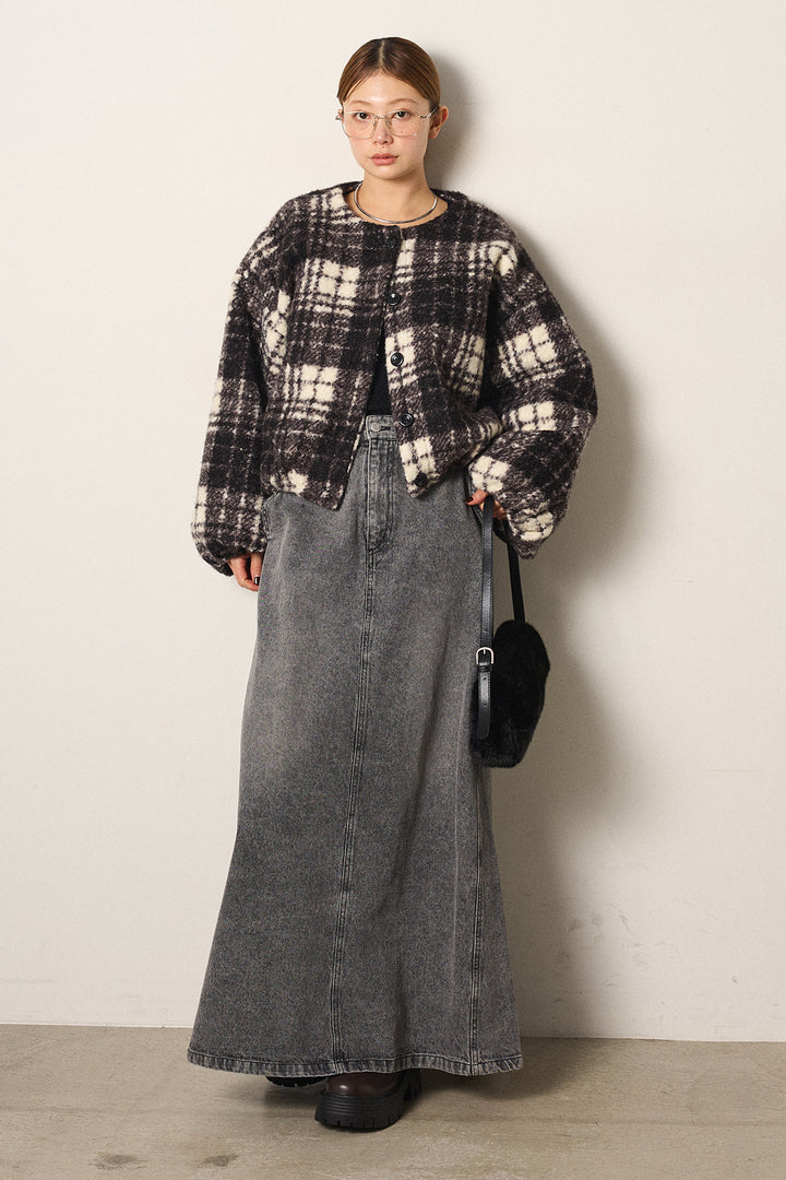 [SET]ノーカラーチェック柄ボアブルゾン+デニムロングフレアスカート(2set)