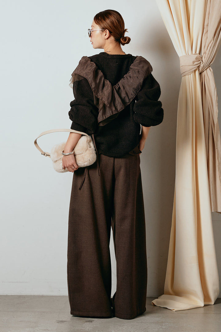 [SET]アシンメトリーフリルニットトップス+ポーチベルト付きカーブパンツ(2set)