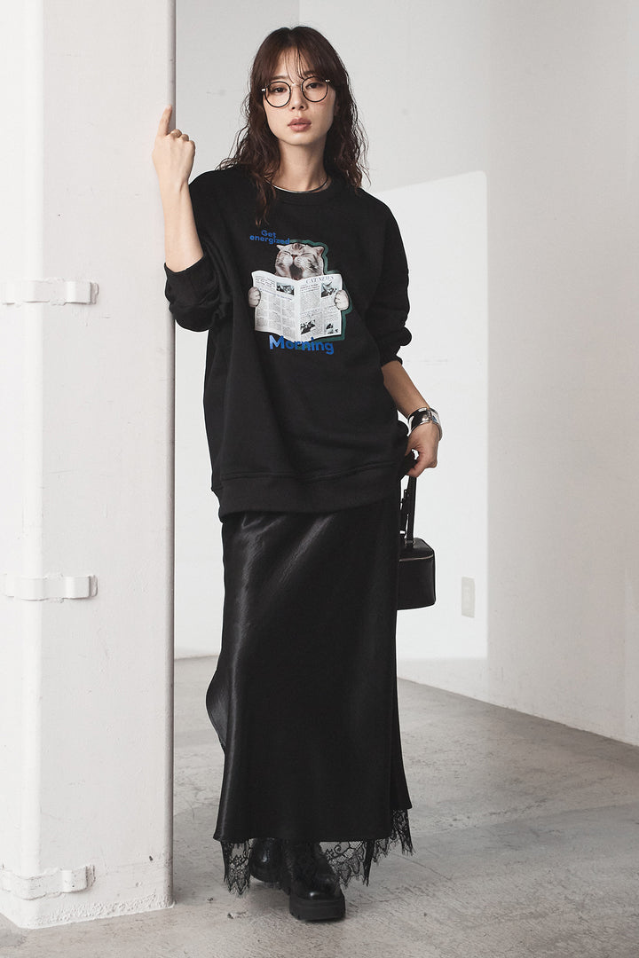 [SET]裏起毛モーニングキャットプリントスウェット+裾レースデザインサテンスカート(2set)