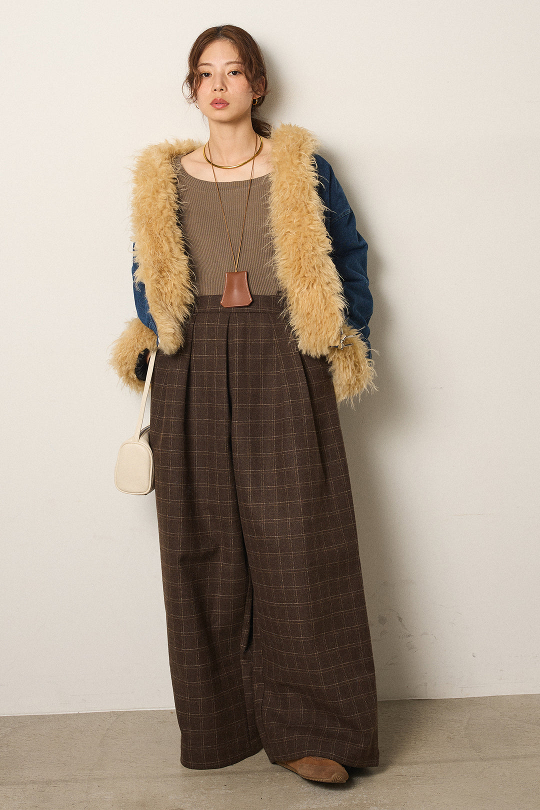 [SET]エコファーデニムボアジャケット+ウールライクチェックタックパンツ(2set)