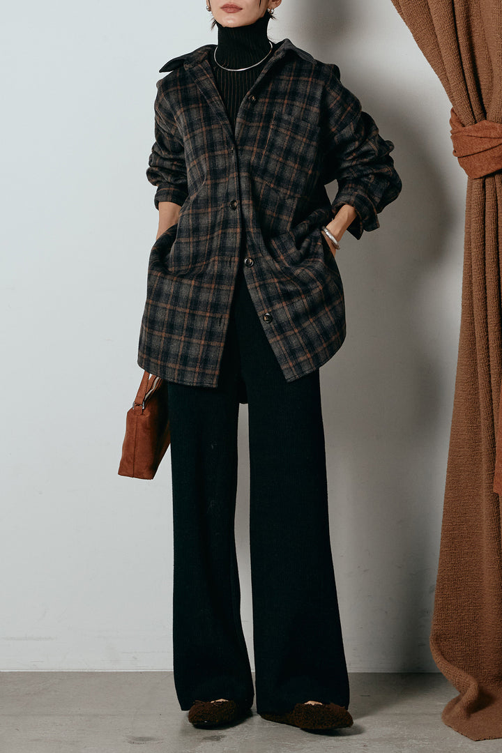 [SET]シャギーチェックシャツジャケット+ワイドリブニットイージーパンツ(2set)