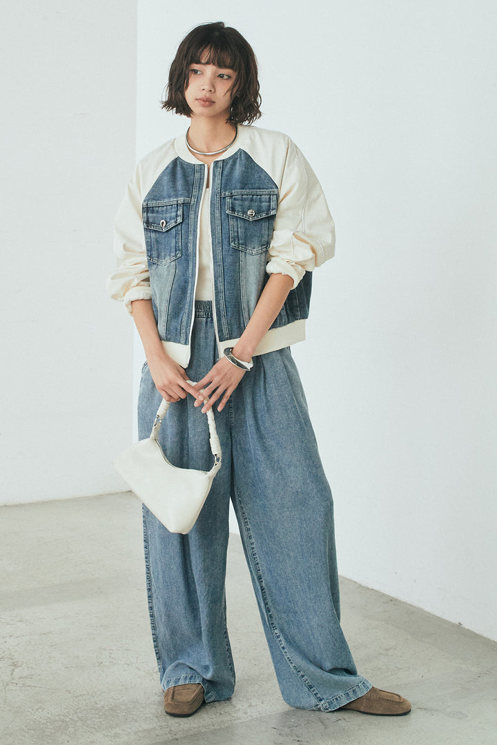 [SET]ナイロンデニムドッキングブルゾン+テンセルデニムイージーワイドパンツ(2set)