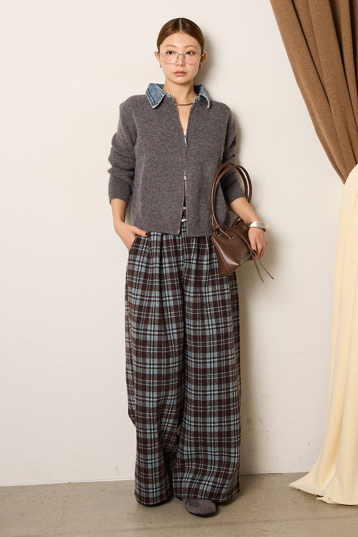 [SET]デニム襟ダブルジップニットトップス+スタッズデザインベルトタータンチェックパンツ(2set)