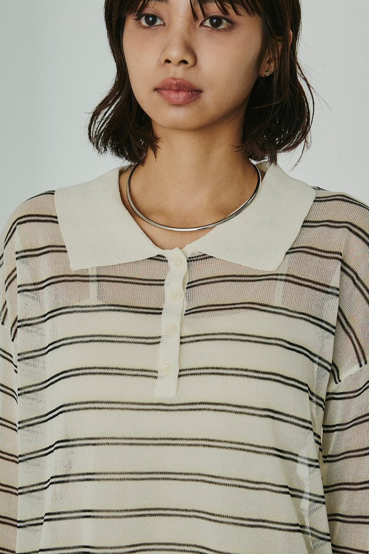 [SET]ボーダーニットポロシャツ+サイドベルトカーブワイドパンツ(2set)