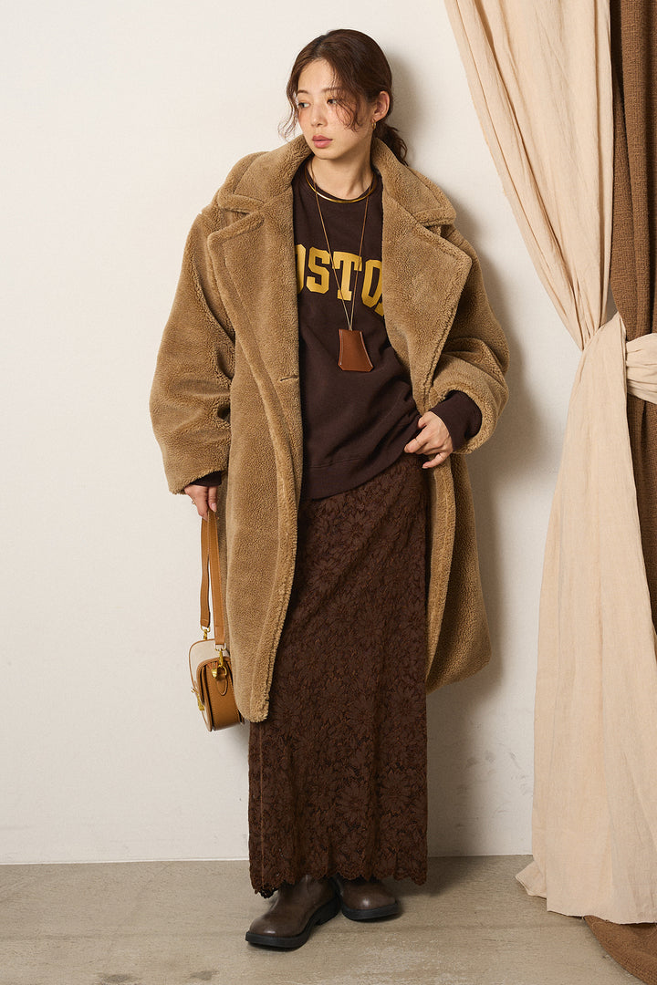 [SET]テディボアロングコート+ロゴデザインルーズスウェット+花柄刺繍ベロアフレアスカート(3set)