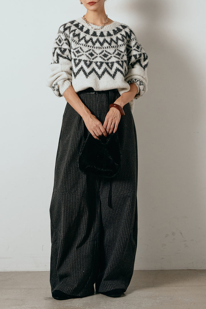 [SET]ノルディック柄Uネックプルオーバー+レザーライク配色ストライプパンツ(2set)