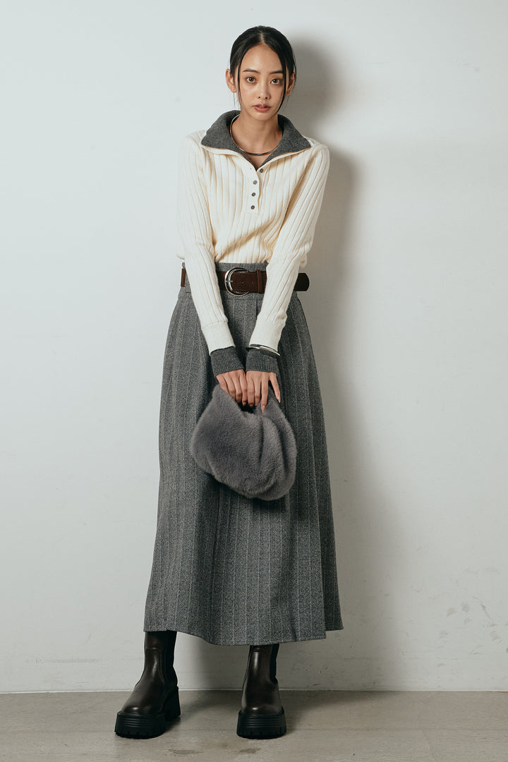 [SET]レイヤード風リブニットトップス+太ベルト付きヘリンボーンプリーツスカート(2set)