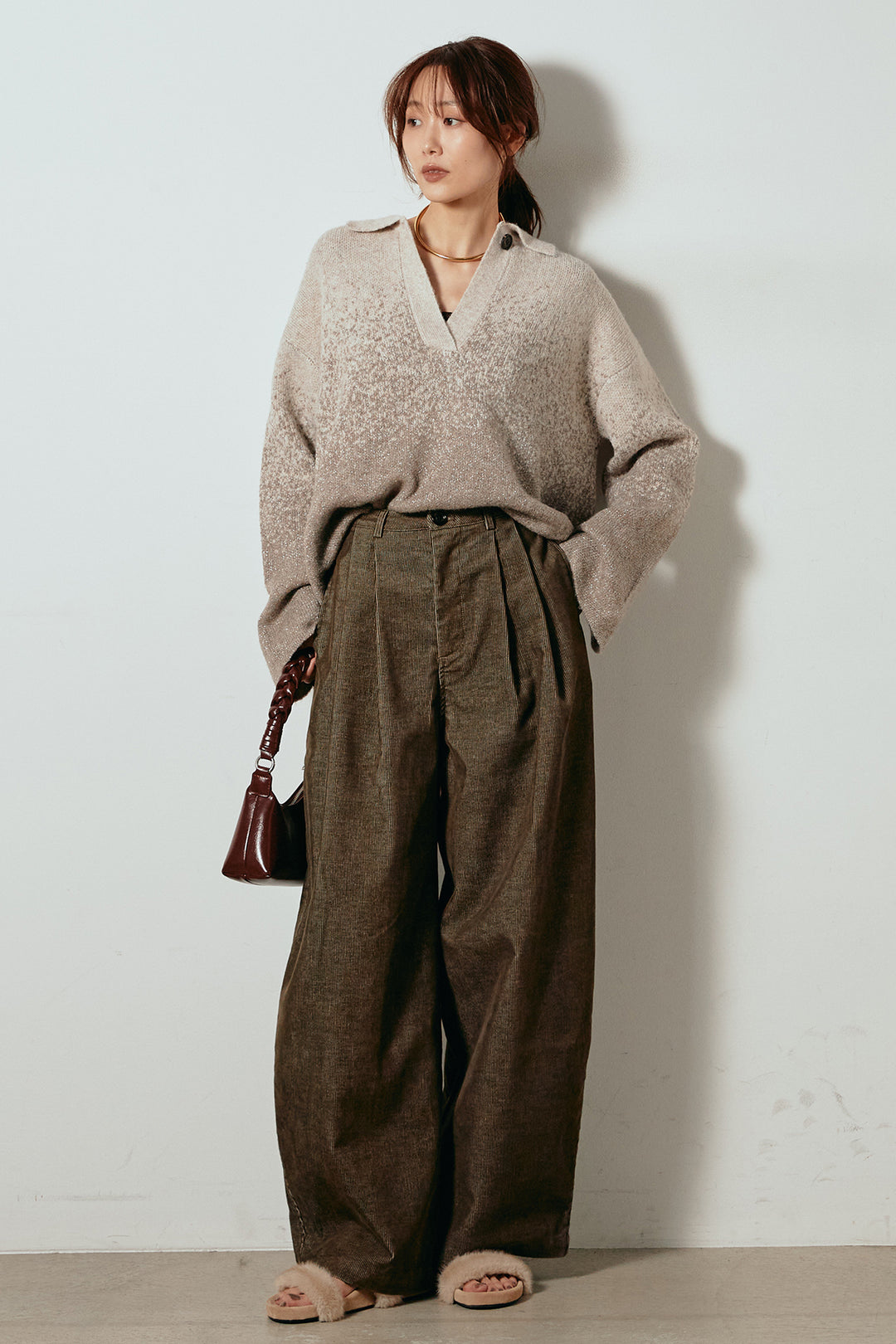 [SET]グラデーションラメニットキーネックプルオーバー+フロントタック入りコーデュロイパンツ(2set)