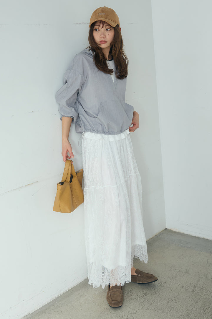 [SET]レイヤードデザインフーディートップス+ひげレース切替ロング丈スカート(2set)