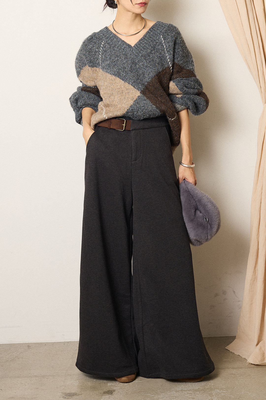 [SET]ルーズアーガイルVネックニット+サイドベルトパンツ(2set)