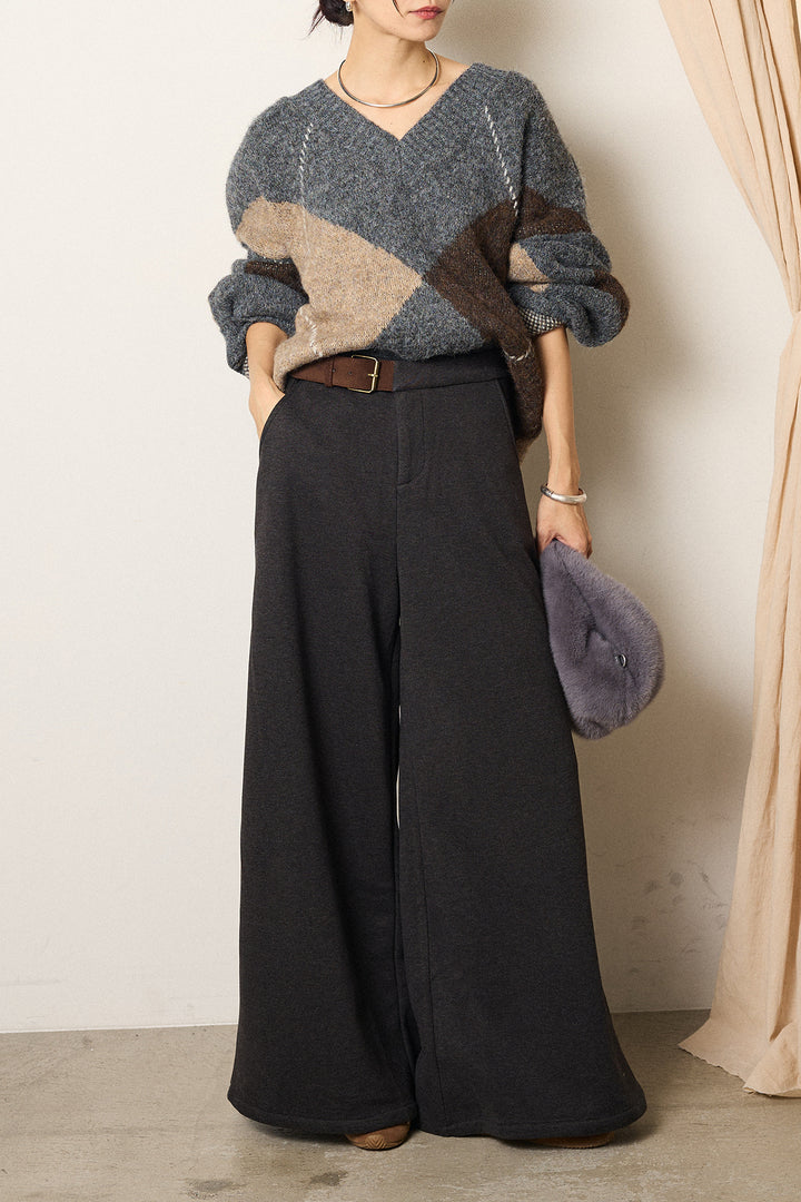 [SET]ルーズアーガイルVネックニット+サイドベルトパンツ(2set)