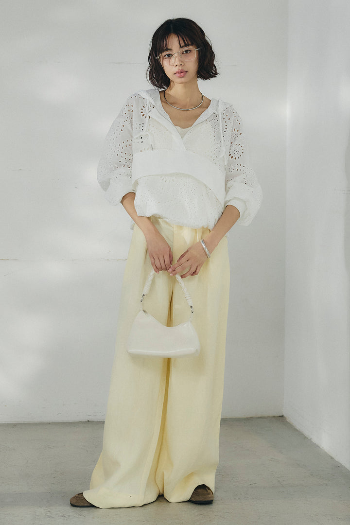 [SET]レースハーフジップアップフーディー+リネン混タックストレートワイドパンツ(2set)