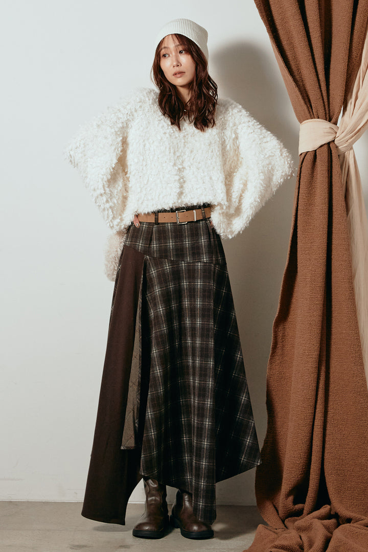 [SET]深Vネックチョウチョヤーンニットトップス+フェイクレザーベルト付き切り替えタータンチェックスカート(2set)