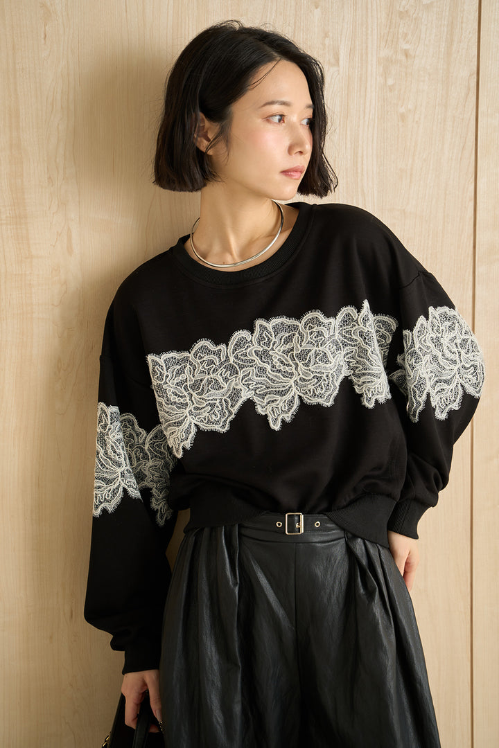 [SET]レースドッキングショート丈スウェット+ベルトループレザーライクワイドパンツ(2set)