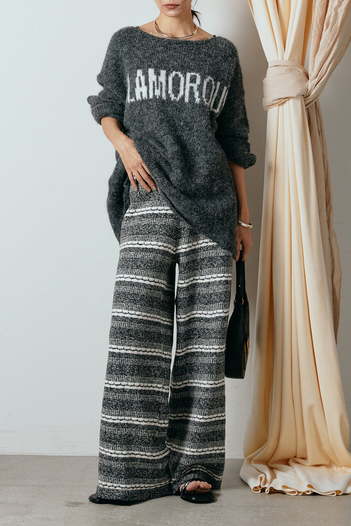 [SET]フロントロゴデザインニットトップス+マルチライン柄リラックスニットパンツ(2set)