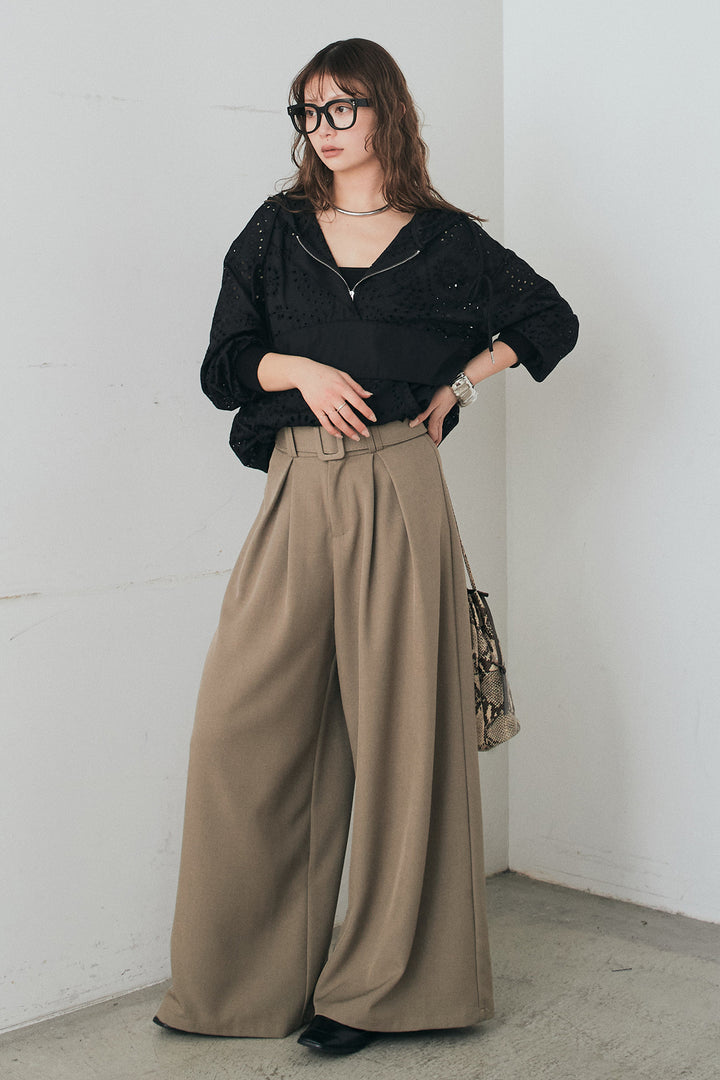 [SET]レースハーフジップアップフーディー+ベルト付きツータックワイドパンツ(2set)