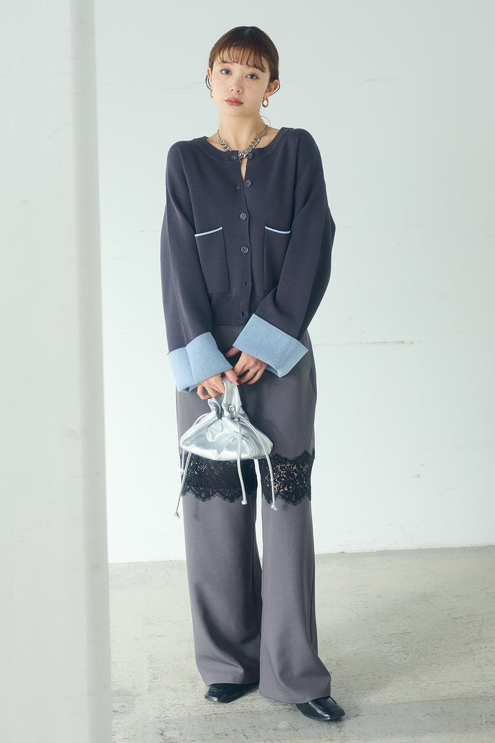 [SET]レーヨンポリダブルフェイスカーディガン+レース刺繍切替ワイドパンツ(2set)