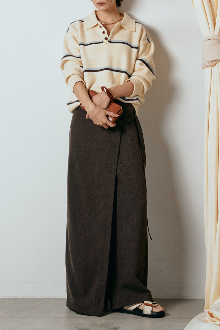 [SET]襟付きマルチボーダーニットポロトップス+ラップ巻きワイドスラックス(2set)