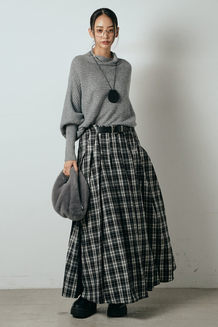 [SET]ポンチョシルエット透かしニットトップス+ベルト付きタータンチェックプリーツスカート(2set)