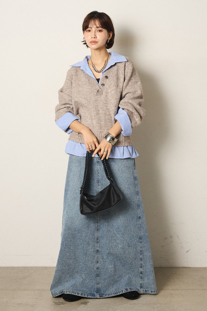 [SET]ストライプシャツドッキングニットポロトップス+デニムロングフレアスカート(2set)