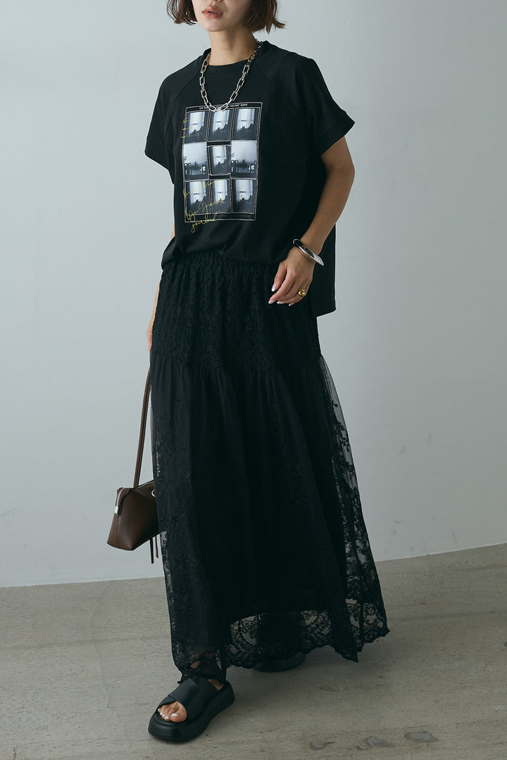 [SET]フォトプリントラグランTシャツ+ミックスレース刺繍スカート(2set)