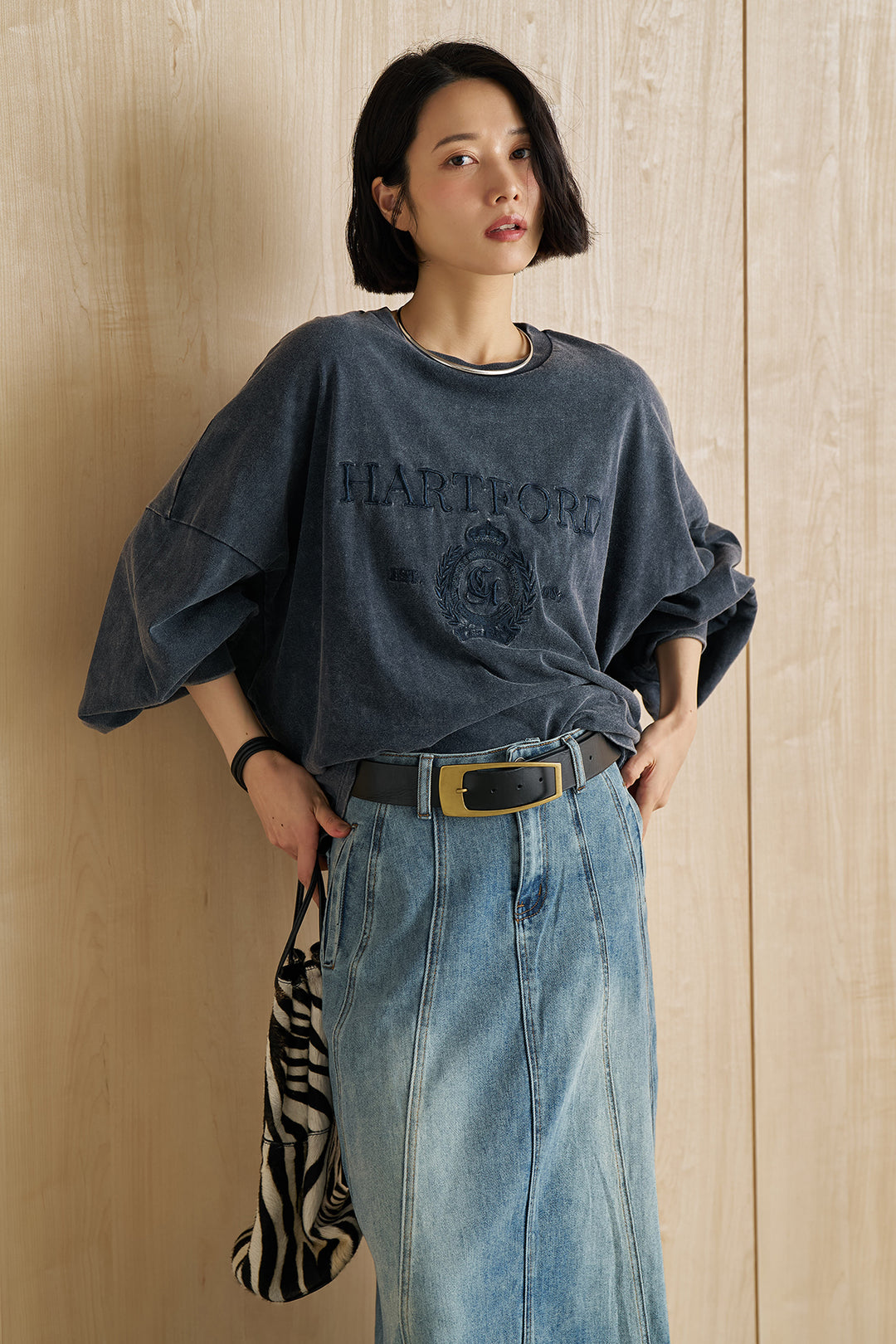 [SET]袖ボリュームHARTFORD刺繍Tシャツ+切替デニムロングスカート(2set)