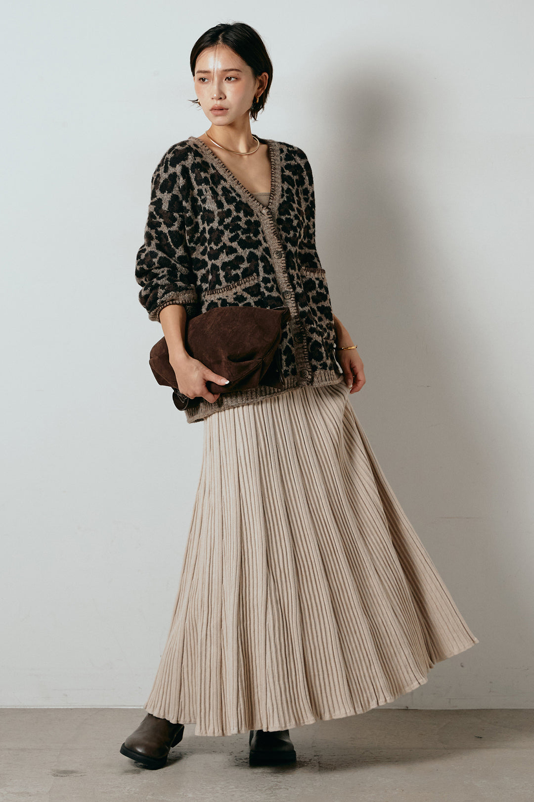 [SET]ステッチデザインレオパードニットカーディガン+リブニットフレアスカート(2set)