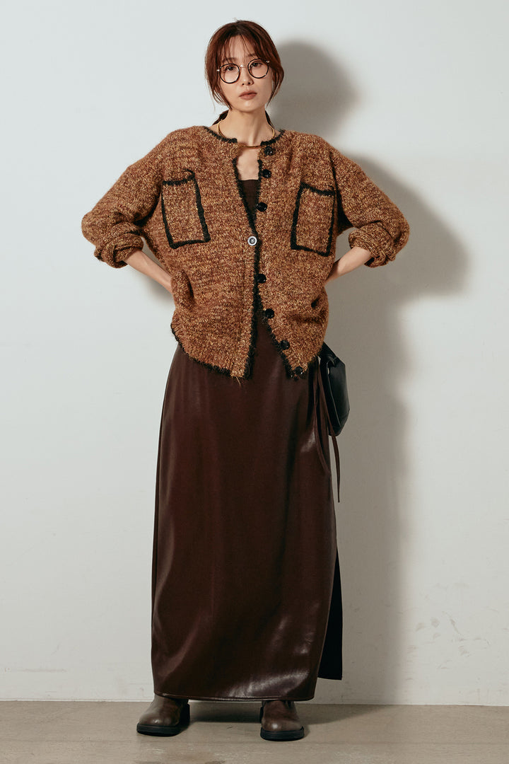 [SET]ミックスニットポケットカーディガン+紐付きフェイクレザーワイドスカート(2set)