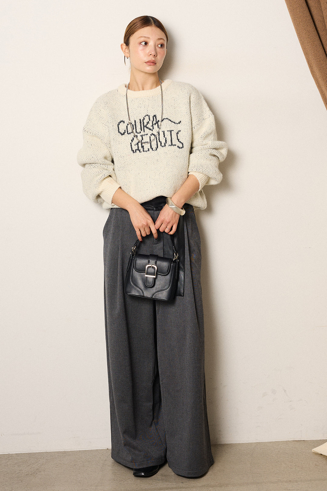 [SET]ロゴシャギーニットプルオーバー+巻ベルトウエストレザーライクワイドパンツ(2set)