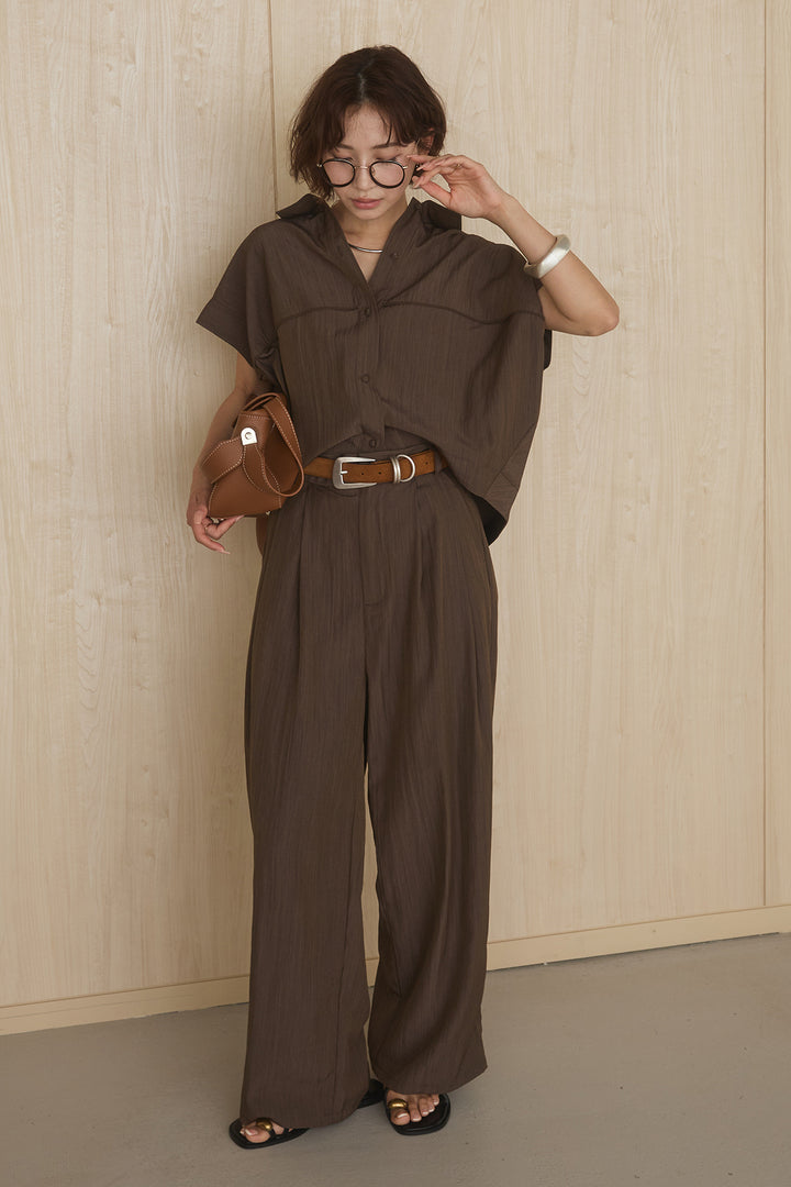 [SET]リネンライクランタンノースリシャツ+リネンライク2タックワイドパンツ(2set)