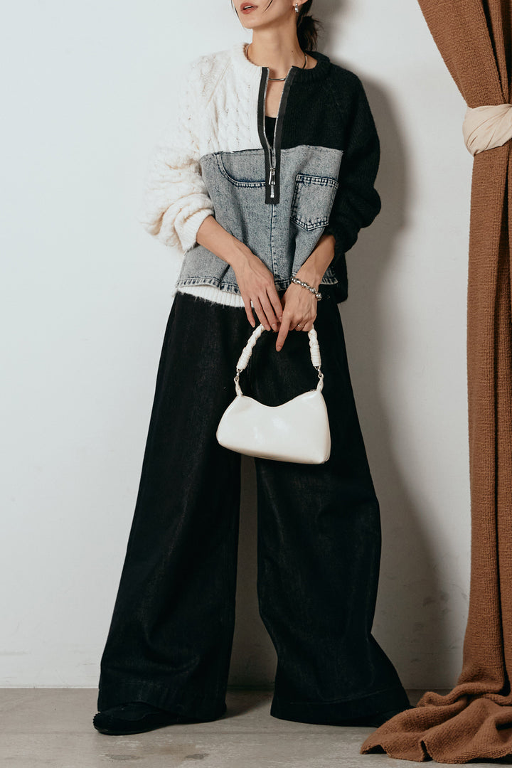 [SET]ハーフジップニットデニムドッキングトップス+ウエストダブルボタンワイドデニムパンツ(2set)