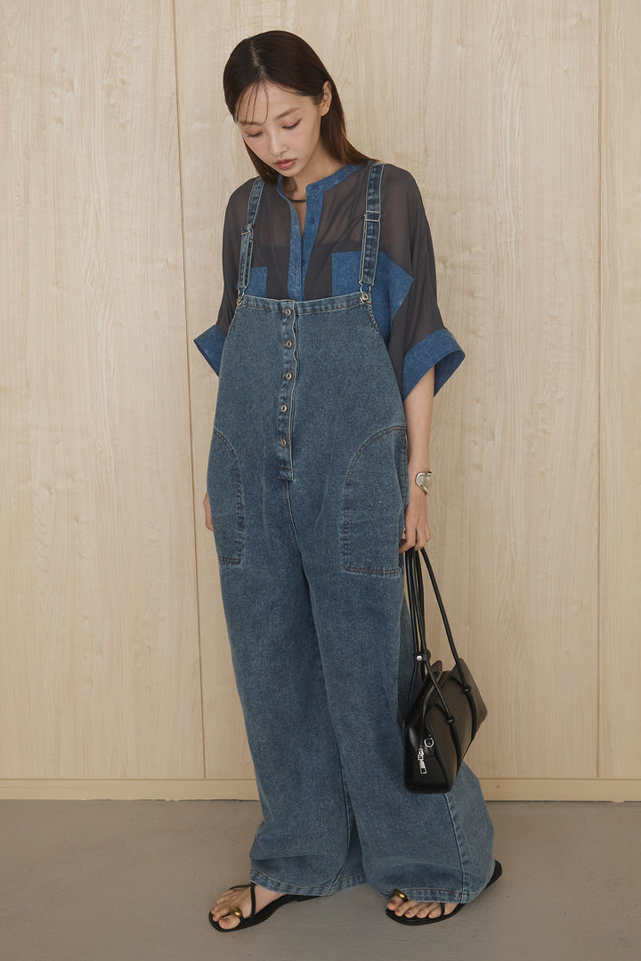 [SET]デニムライクビッグツーポケシアーシャツ+フロントボタンデニムサロペット(2set)
