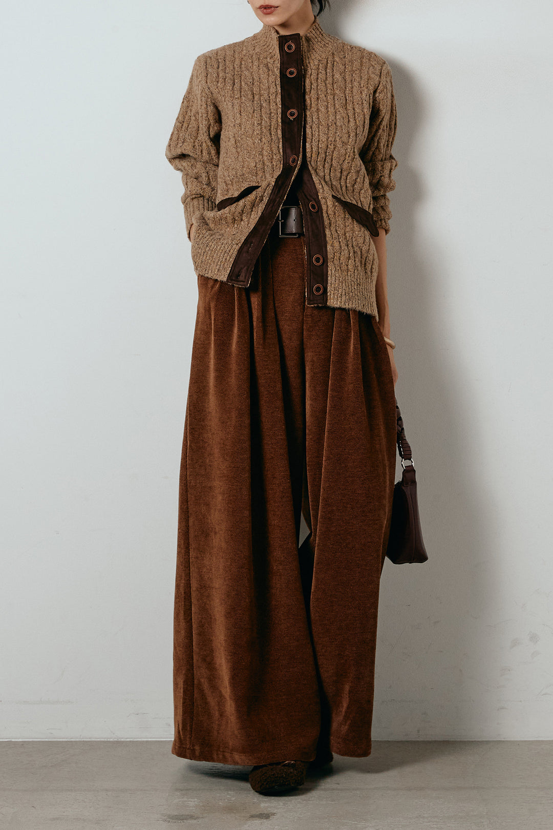 [SET]ボトルネックケーブルニットカーディガン+ベルトループコーデュロイワイドパンツ(2set)