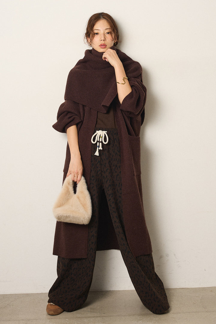 [SET]ケープレイヤードロングカーディガン+レオパードジャガードニットパンツ(2set)