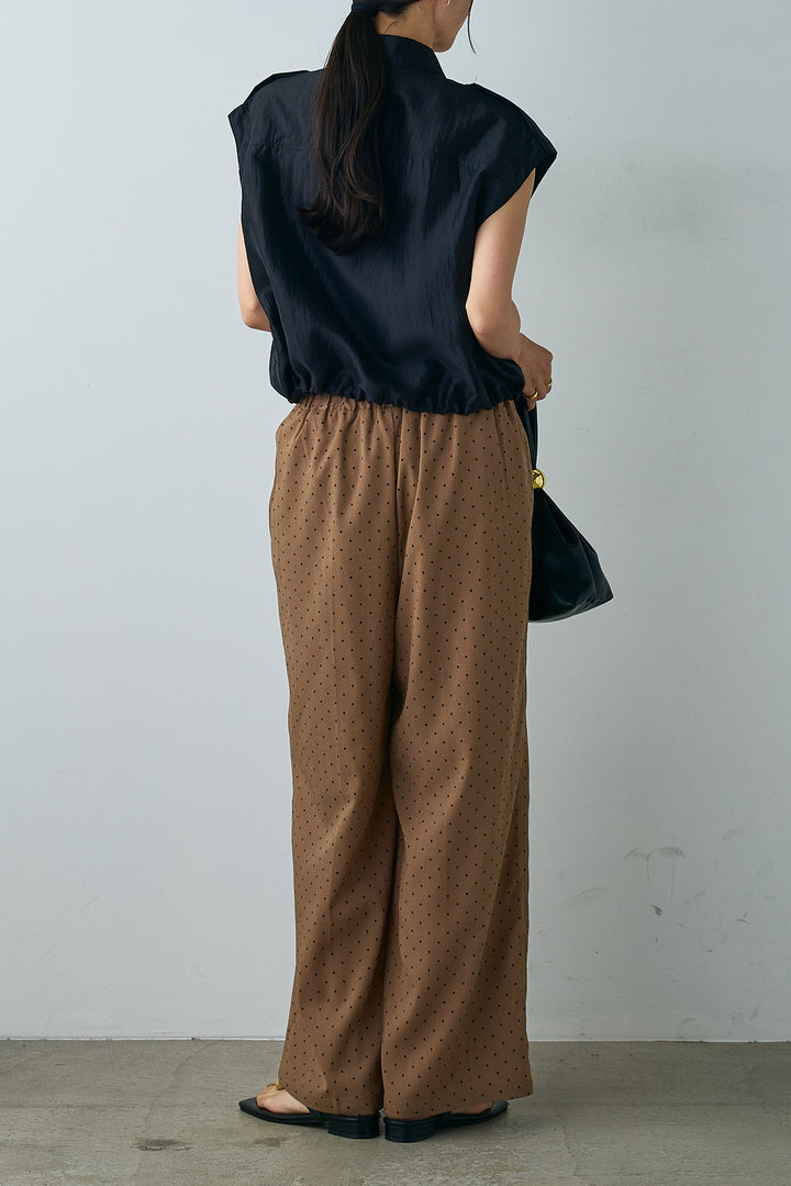 [SET]襟付きウエスト絞りシアーシャツ+ジョーゼットドットプリントストレートパンツ(2set)