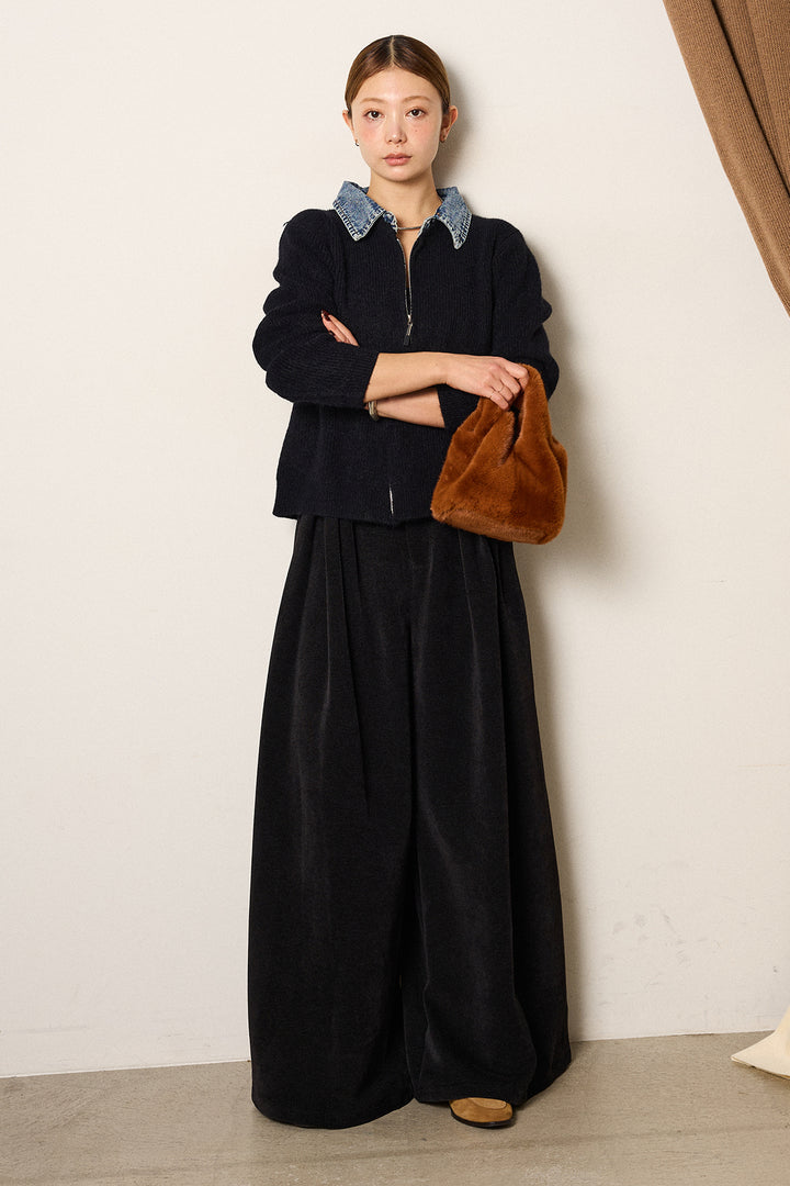 [SET]デニム襟ダブルジップニットトップス+ベルトループコーデュロイワイドパンツ(2set)