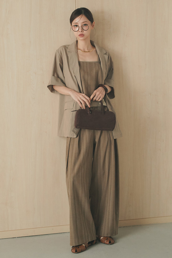 [SET]リネンライクテーラードハーフスリーブジャケット+リネンストライプタックワイドパンツ+リネンストライプレイヤードキャミ(3set)