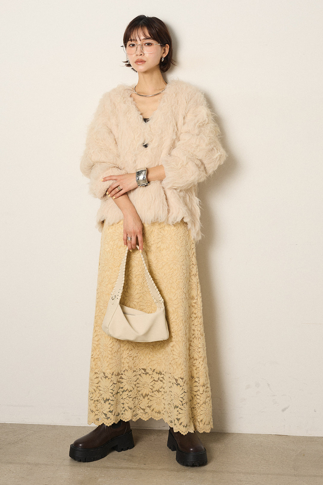 [SET]起毛シャギーニットカーディガン+花柄刺繍ベロアフレアスカート(2set)