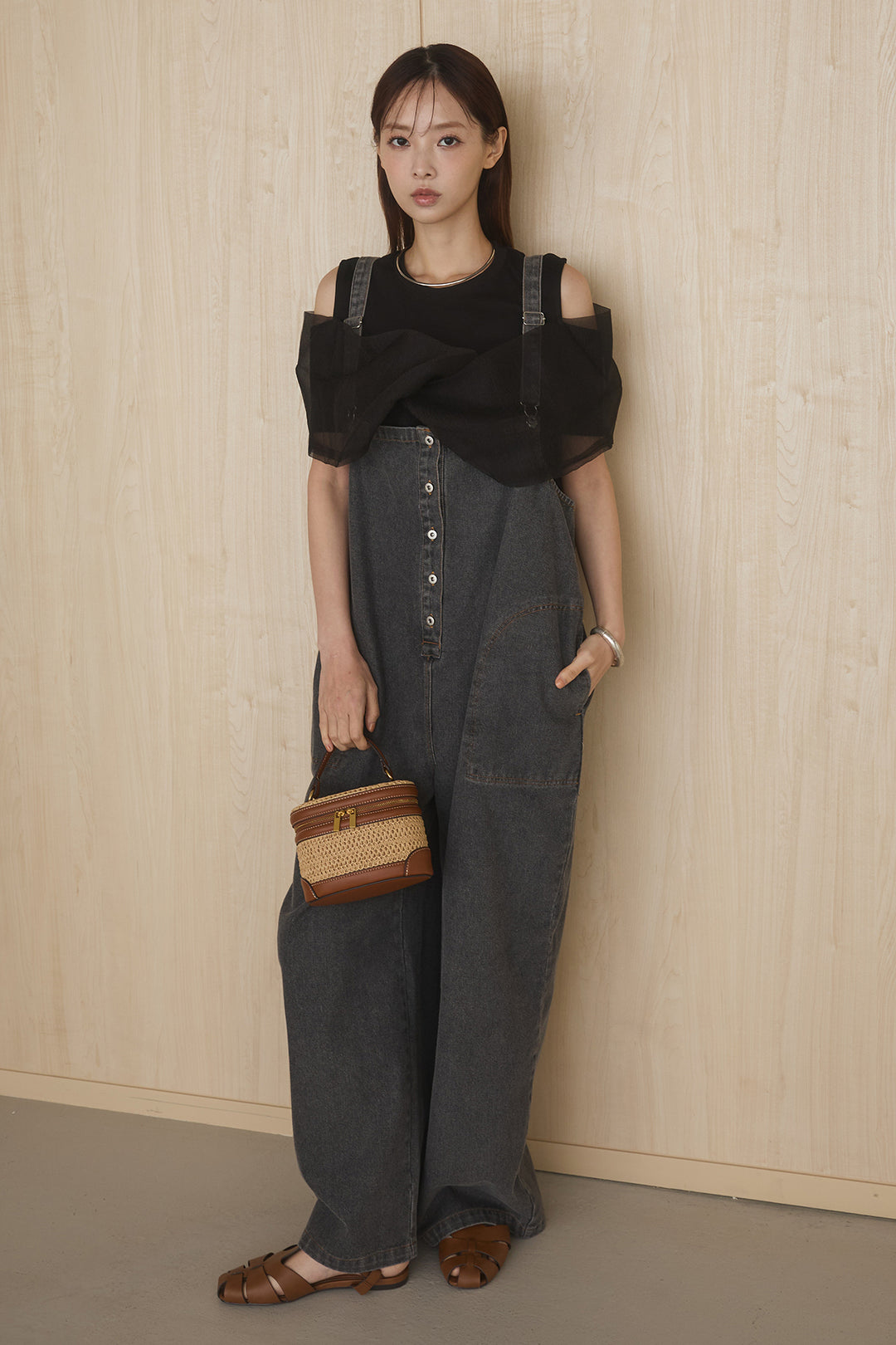 [SET]シアーレイヤーデザインカットソー+フロントボタンデニムサロペット(2set)