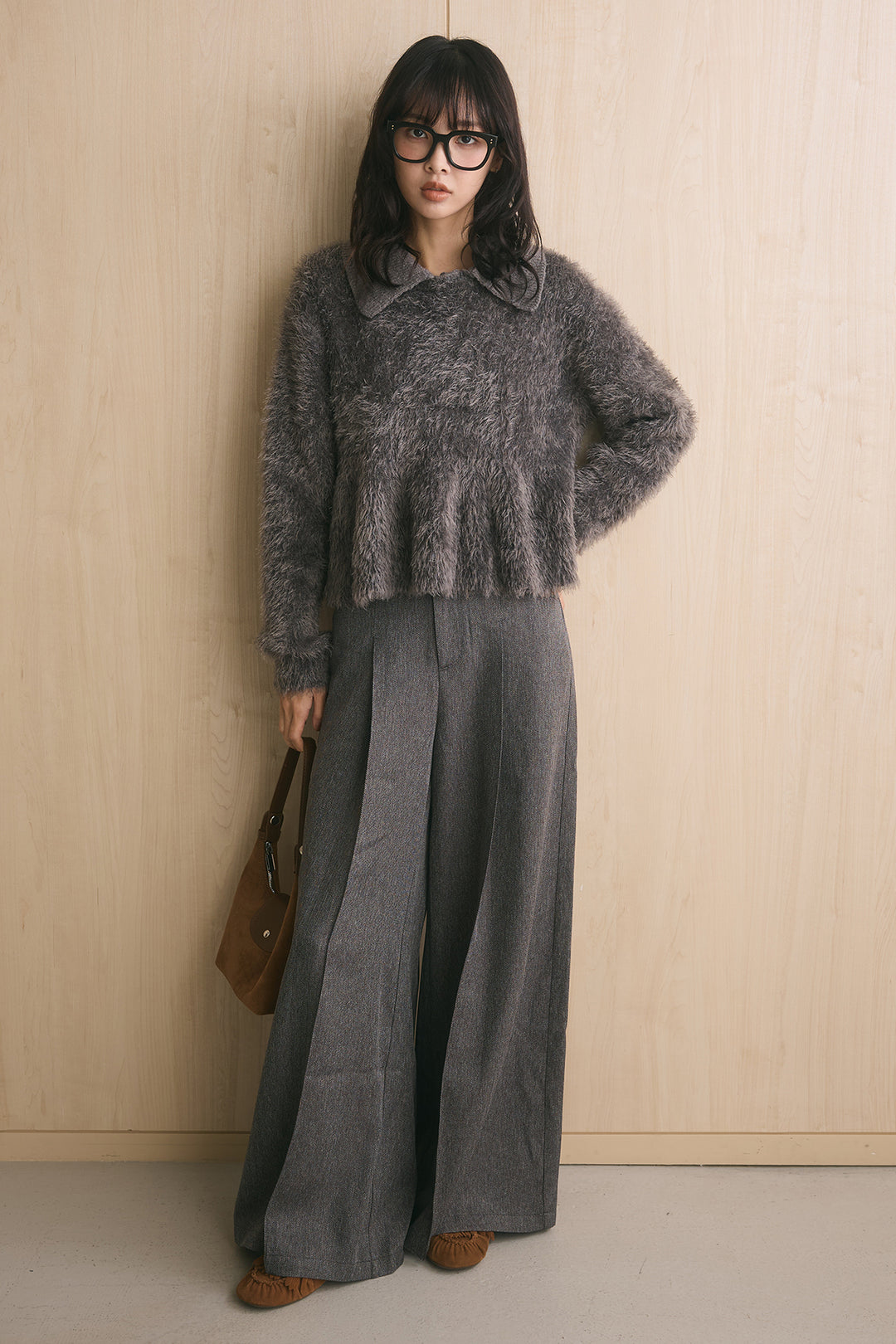 [SET]シャギーニットペプラムプルオーバー+ハイウエスト3ボタンワイドパンツ(2set)