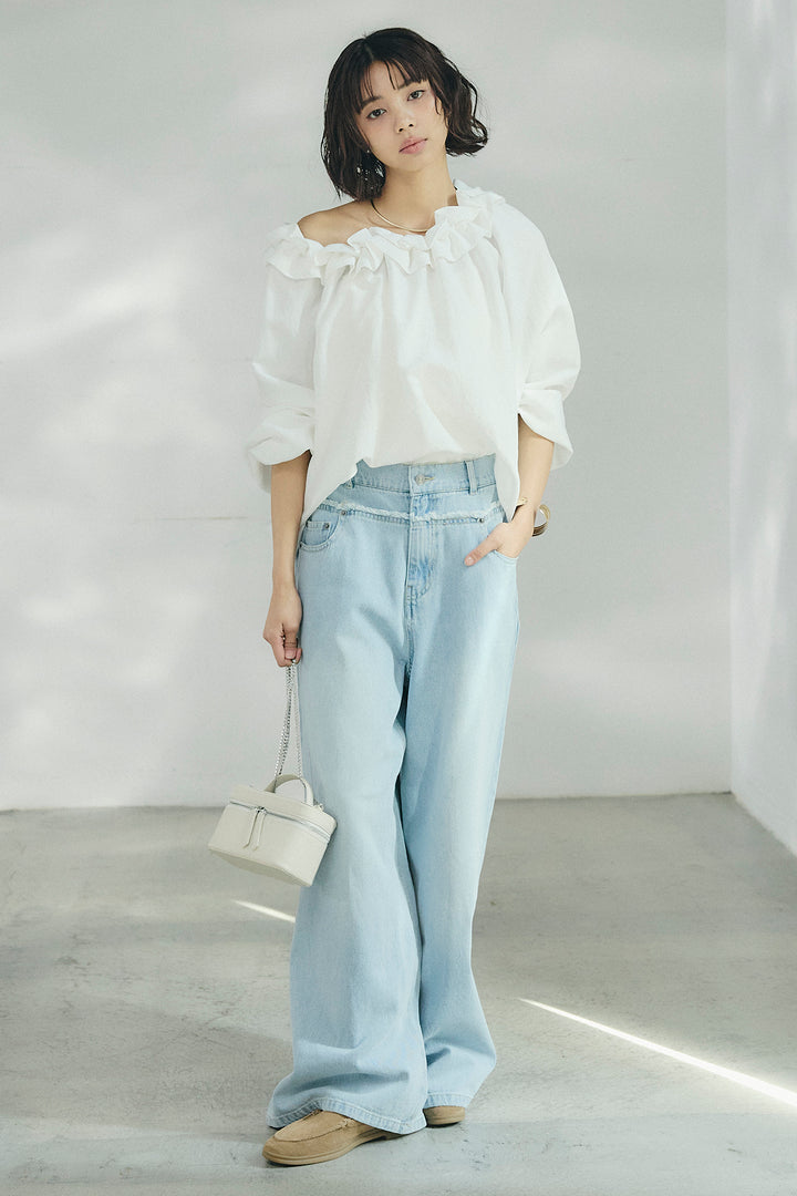 [SET]ネックフリルデザインブラウス+ウエスト裁ち切りデニムワイドパンツ(2set)