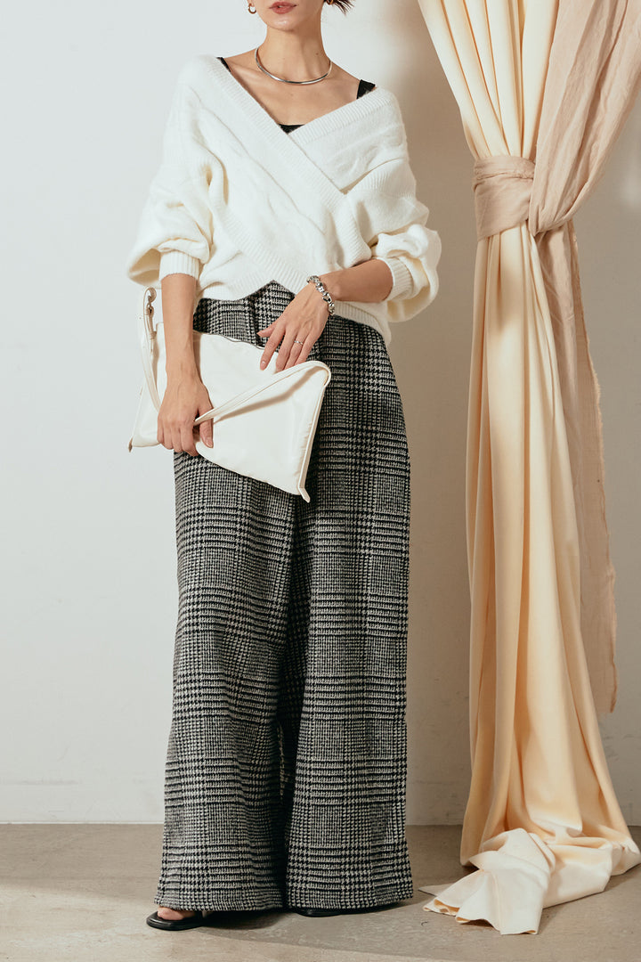 [SET]ケーブルカシュクールニットトップス+前後2wayグレンチェック柄スカーチョサロペット(2set)