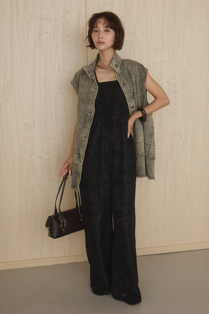 [SET]ケミカルデニムヘムカットオフジレ+レースサロペット(2set)