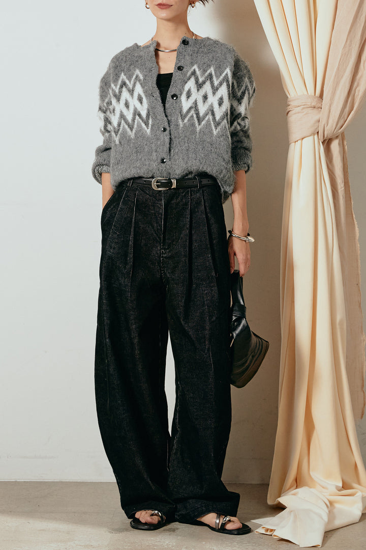 [SET]起毛ノルディック柄ニットカーディガン+フロントタック入りコーデュロイパンツ(2set)