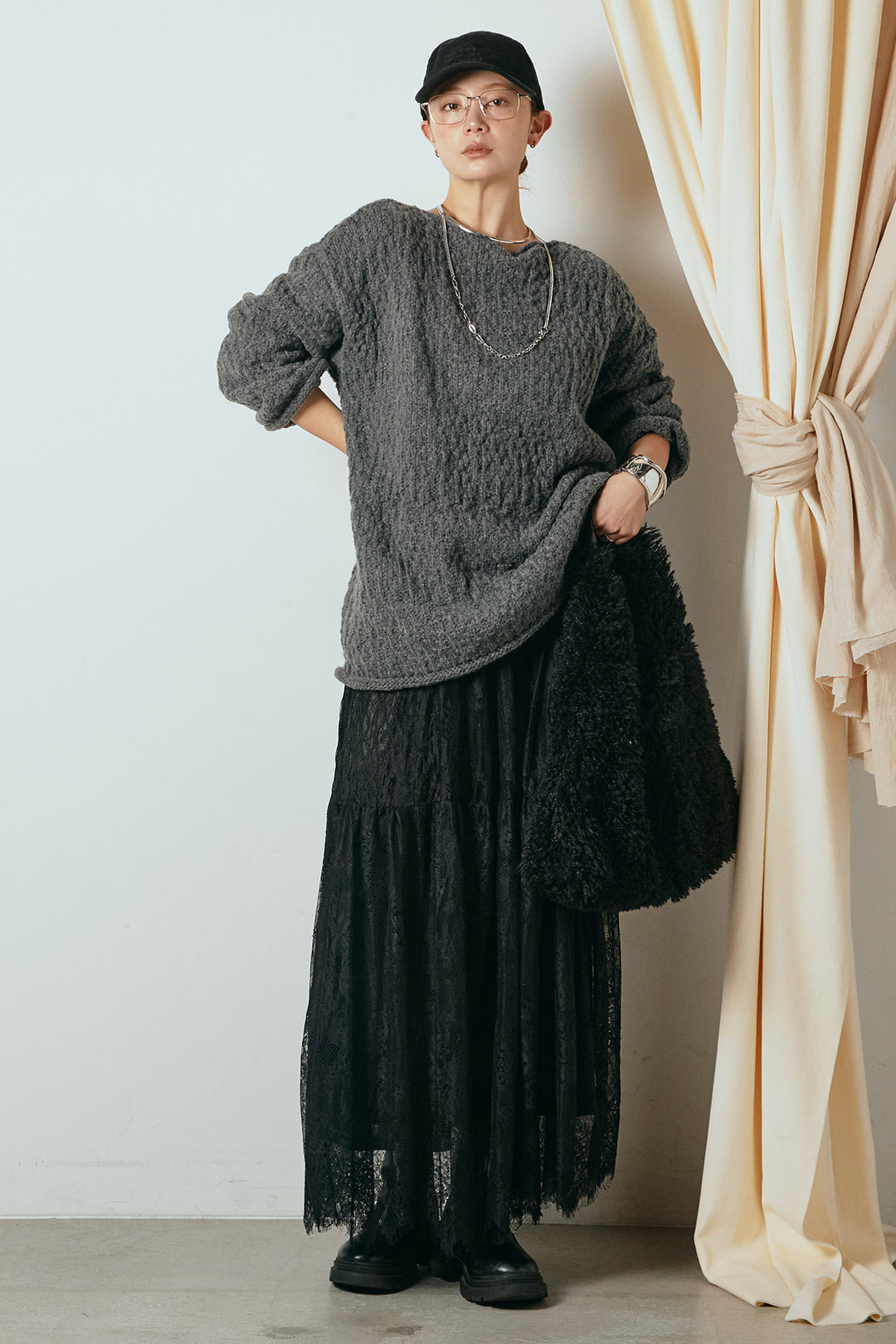 [SET]ボリューム編みニットプルオーバー+ひげレース切替ロング丈スカート(2set)